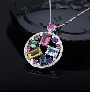 Multi Color Diamonds Round Silver Pendant Necklace